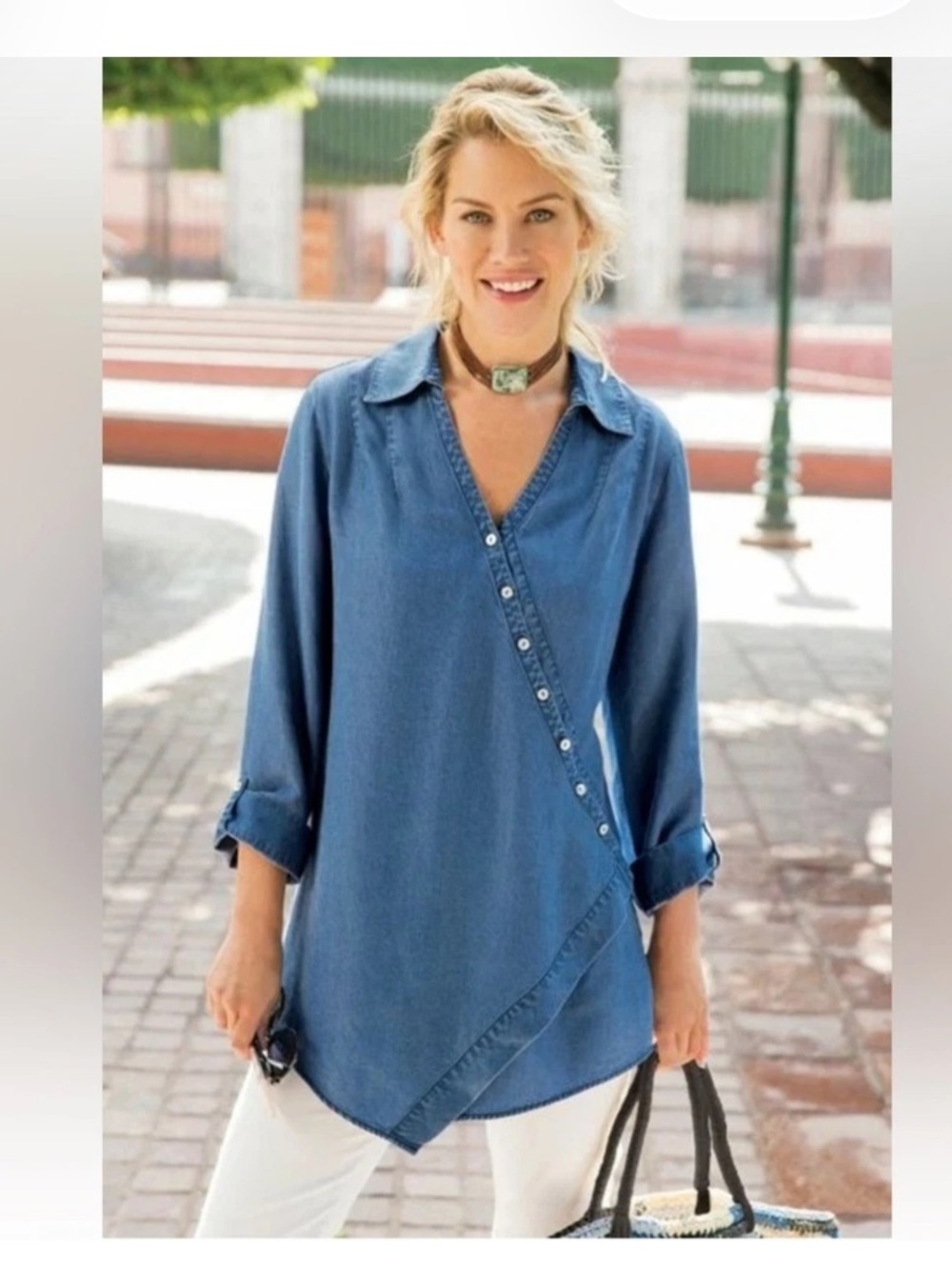Soft Surroundings Denim Chambray Asymmetrical Tunic Shirt Women's SZ Large